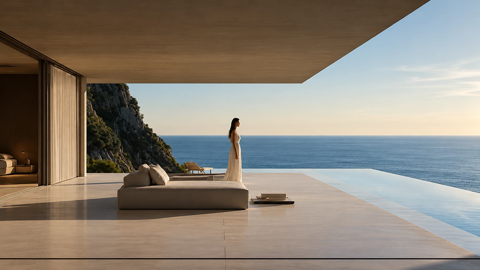 Open-plan terrace with an infinity pool overlooking the sea at sunset